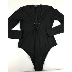 Reformation XL Black Stretch Ribbed Bodysuit Lace